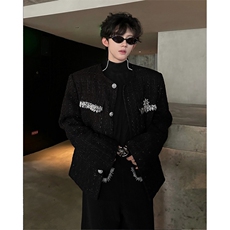 现货25秋冬男士设计感亮片胸针小香风毛呢外套XXF46-P168，男装毛呢大衣，电商B288