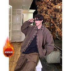 网图假两件美式复古秋冬加绒格纹翻领夹克男百搭外套-A2354P85，男装夹克，电商B241