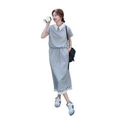 蕾丝灰色薄款短袖卫衣半身裙套装女夏2025新款两件套大方得体穿搭，女装套装/套裙，2D148