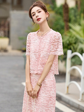 时尚套装女2026夏季新款妈妈装洋气减龄蕾丝拼接上衣半身裙两件套，女装套装/套裙，沁沁公主