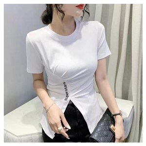2021夏装新款开叉T恤女短袖设计感不规则上衣洋气修身收腰小衫潮图片