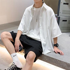 港风夏季男士韩版五分袖上衣潮流痞帅宽松条纹短袖衬衣潮1029-p28，男装衬衫，星座1008-1