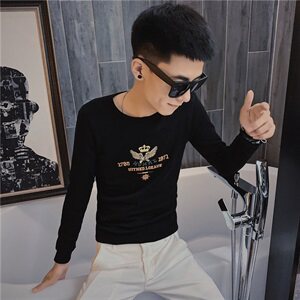 5秋季长袖修身T恤刺绣社会精神小伙韩版潮男打底衫C301B-CT12图片