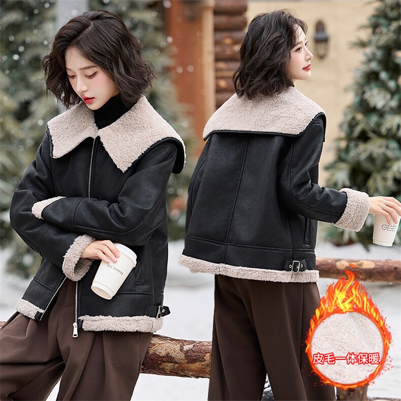 2024冬新款海军大翻领短仿羊羔毛皮毛一体加绒加厚外套韩系，女装羊羔毛/颗粒绒，潮流依族