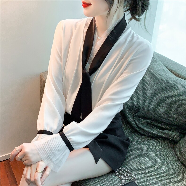 春季新款领带蝴蝶结雪纺衫白色气质职业衬衫喇叭袖仙女上衣,女装衬衫,美吧服饰