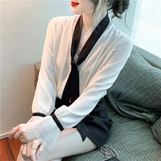春季新款领带蝴蝶结雪纺衫白色气质职业衬衫喇叭袖仙女上衣，女装衬衫，美吧服饰
