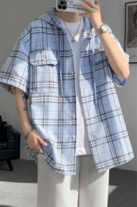 现货T10118-特批42控78活力格子衬衫男女宽松T恤短袖连帽开衫，男装T恤，电商A059