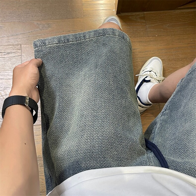 美式复古星空纹牛仔短裤男女款夏季潮牌抽绳宽松大码五分休闲裤子,男装牛仔裤,星座601-2