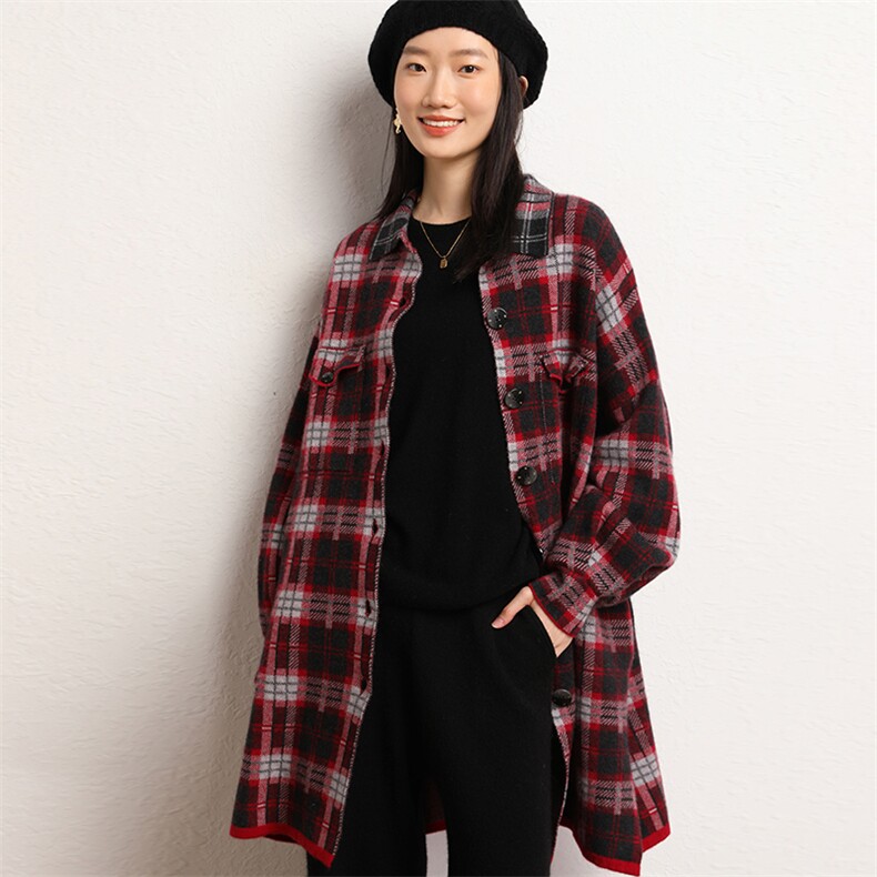 羊绒开衫女中长款千鸟格子衬衣领针织大衣外套,女装羊绒大衣,五色羊羊绒