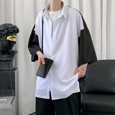 新款夏季禁欲风短剧拼接男士撞色短衬衫A071-C12-P35,男装衬衫,电商A071