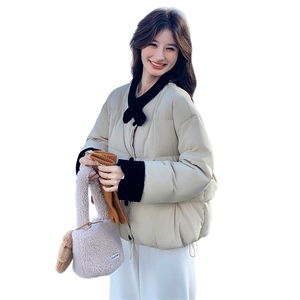 韩版撞色拼接羽绒服女短款冬季新款宽松显瘦面包服白鸭绒保暖外套图片