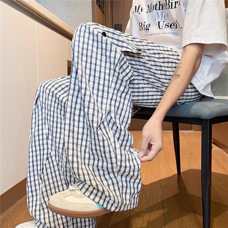 A856-P40 美式复古格子休闲裤男春秋季新款宽松直筒阔腿裤子图片