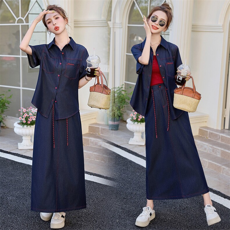 （新款现货）2026夏装新款时尚天丝牛仔大版衬衫+长裙（两件套），女装套装/套裙，印象茜