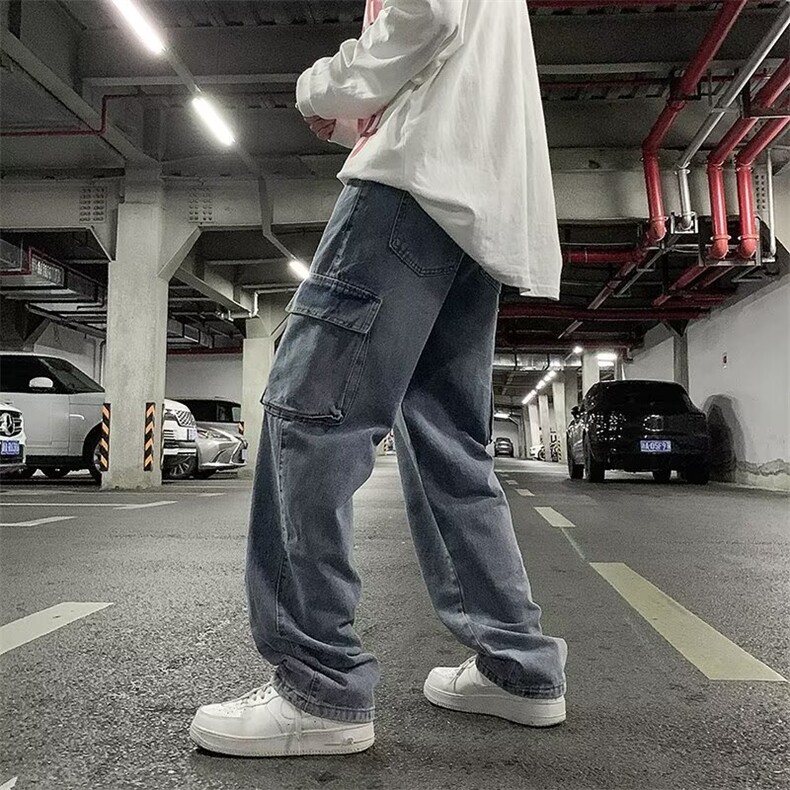 美式复古工装牛仔裤男潮牌多口袋宽松休闲百搭抽绳拖地裤,男装牛仔裤,星座410-6（原星座1304-1）