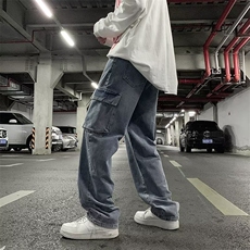 美式复古工装牛仔裤男潮牌多口袋宽松休闲百搭抽绳拖地裤，男装牛仔裤，星座410-6（原星座1304-1）