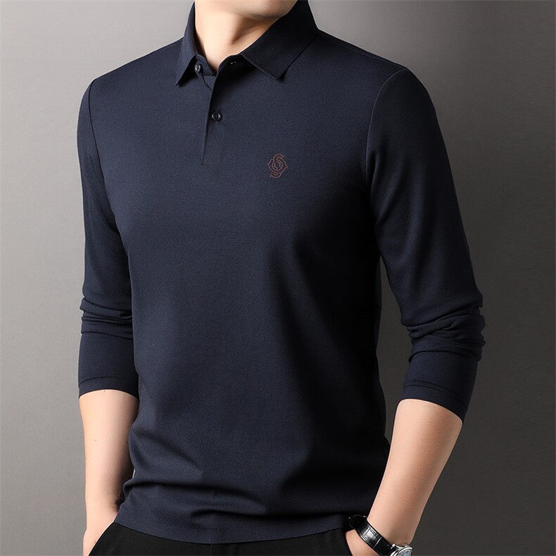 F83066莫代尔含羊毛拉链门襟翻领长袖POLO磨毛保暖刺绣LOGO,男装Polo衫,钱塘207-1
