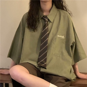 D598-P38夏新款纯色宽松学院风高级感短袖衬衫上衣女-网图现货图片
