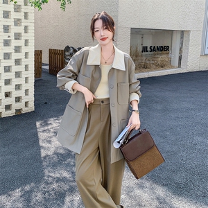 美式复古撞色翻领风衣外套女2025秋季新款小个子休闲时尚工装大衣图片