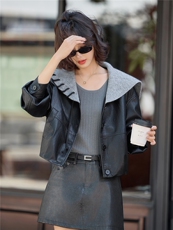 【秋季女装新款】大量现货毛线领港风短款皮衣外套加绒，女装皮衣，魅衣本色