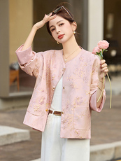 粉色小香风圆领提花外套女2025春季新款今年流行新中式小西服上衣，女装短外套，美沁