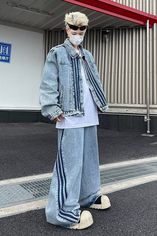 2024美式水洗做旧短款牛仔夹克套装宽松阔腿裤两件套TZ23-P120,男装休闲套装,星座313A-2