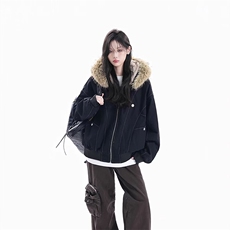 现货重磅boxy短款棉衣座山雕大毛毛领男女棉服水洗工装厚外套，男装棉衣，电商A443