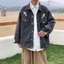 复古做旧刺绣仙鹤牛仔外套男秋bf百搭宽松工装情侣外套W1086-P50，男装夹克，星座512-4