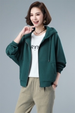 连帽开衫卫衣外套女2024年春秋新款韩版宽松拉链绿色上衣中年妈妈，女装短外套，简韵佳