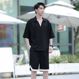 （版权注册 仿款必究）夏季新款冰丝短袖时尚套装男士休闲两件套图片