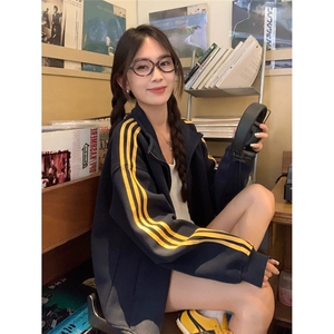 立领藏青色条纹卫衣外套男女春秋oversize美式双拉链开衫长袖上衣,加绒保暖内衣套装男女款随意搭配图片