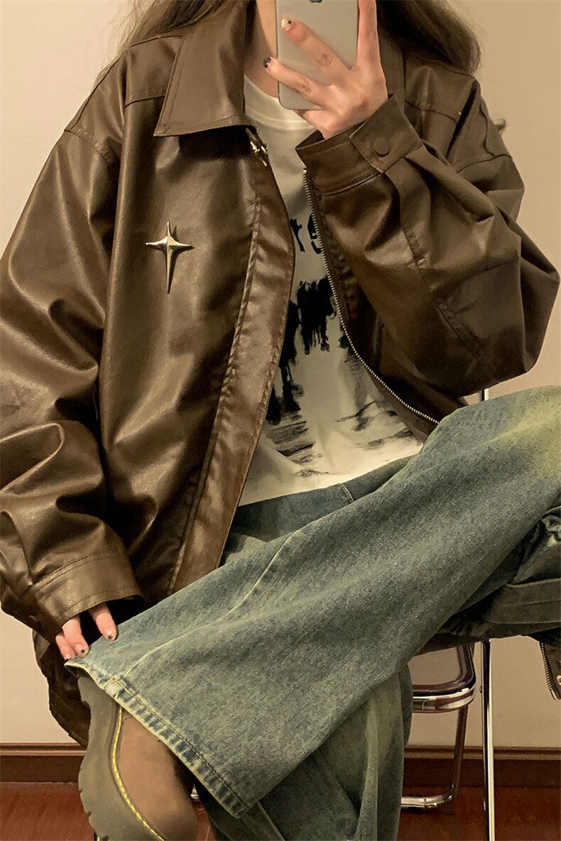 1中性美式四芒星可拆卸胸针PU皮大码M-5XL夹克男JK77771P85控118,男装夹克,星座226-2