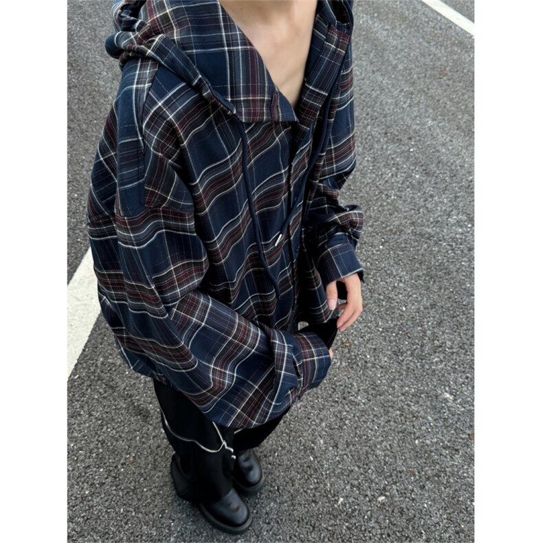 XZ1005-1-TTH0063-批60--高街潮牌撞色连帽设计感长袖格子衬衫,男装衬衫,星座1005-1
