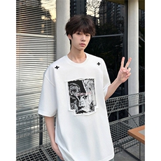 8XL-M美式街头风白色贴布男女情侣上衣短袖T恤半截袖DX330P48，男装T恤，电商D206-1