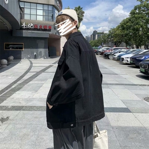 黑色牛仔外套男2024冬季新款潮牌高街宽松休闲翻领夹克W6271-P58