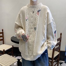 日系复古刺绣麻花圆领毛衣男秋冬季潮牌慵懒套头针织衫M1659-P58，男装针织衫/毛衣，星座512-4
