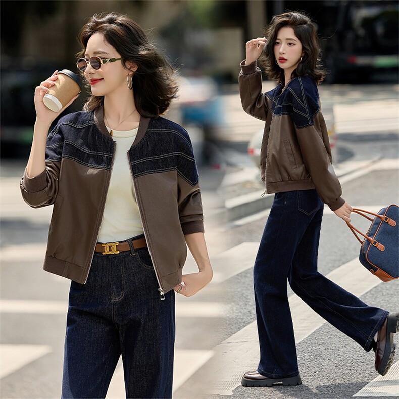 女式皮衣2025秋季新款牛仔拼接百搭休闲时尚PU皮夹克上衣，女装皮衣，美拉德工厂直营店