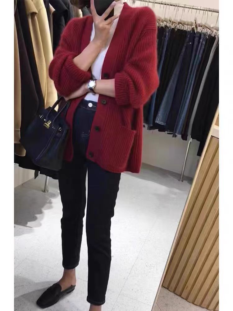 秋季新款舒适显瘦时尚百搭元宝针大口袋针织开衫女,女装羊毛衫,恒恩羊绒
