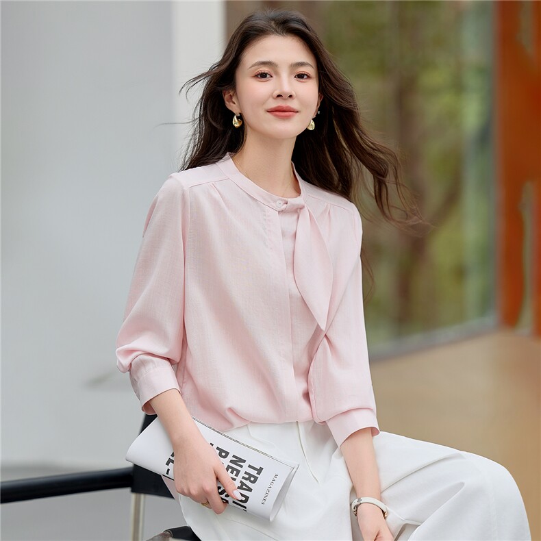 天丝衬衫女士长袖通勤职业衬衣西装内搭法式飘带上衣,女装衬衫,梦懿尔