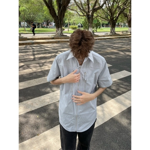 浅蓝色拉链垫肩短袖衬衫男款夏季衬衣cleanfit外套3375-特P38图片