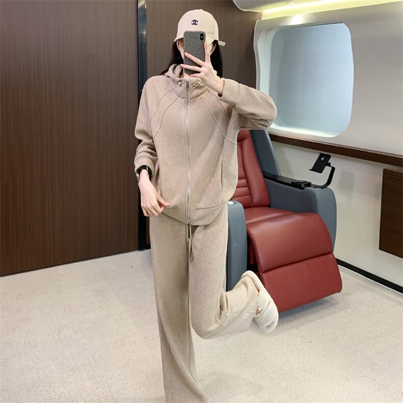 女冬季新款连帽拉链外套阔腿卫裤两件套,女装套装/套裙,江南