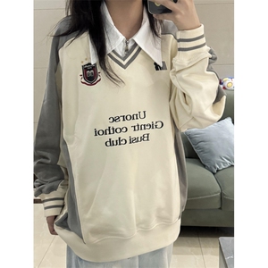 【有货】N828CC-特P46 徽章V领撞色拼接美式重磅运动卫衣男女图片