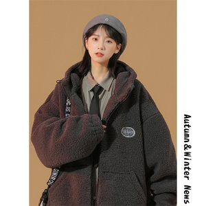 中性风羊羔绒外套女 内里加绒加厚连帽棉服 MY501P128控158图片