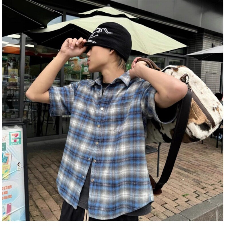 港风格子短袖衬衫男夏季美式复古半袖衬衣高级感痞帅潮,男装T恤,星座410-7