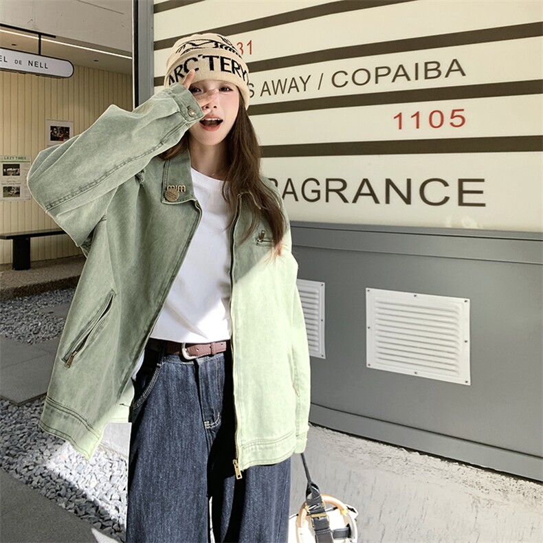 复古水洗做旧绿色牛仔外套女2025春秋季新款宽松休闲短款夹克上衣,女装短外套,2C050