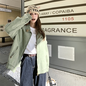 复古水洗做旧绿色牛仔外套女2025春秋季新款宽松休闲短款夹克上衣图片