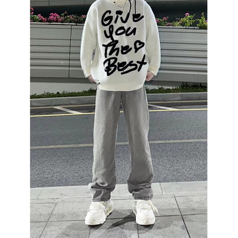 烟灰色牛仔裤男款秋冬美式vibe风裤子高街修身直筒微喇裤K906-P53,男装牛仔裤,星座1007（原301D）