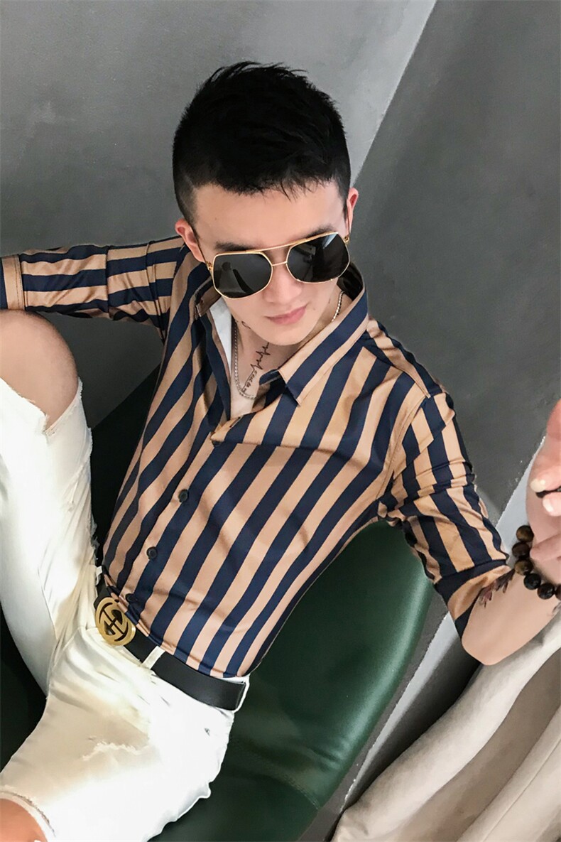夏季男士七分袖印花衬衫男休闲修身条纹衬衣A236-2003-P55,男装衬衫,电商A236