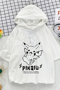 LD54078-P45 连帽短袖t恤男大码胖子带帽五分袖中袖图片