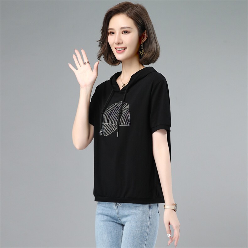 板酷2026夏装新款时尚宽松烫钻纯色女装上衣连帽T恤B619,女装T恤,板酷
