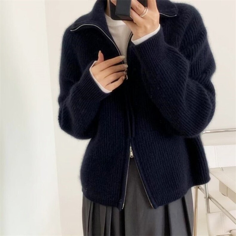 秋冬新款简约时尚百搭女款羊毛衫宽松显瘦元宝针拉链开衫,女装羊毛衫,悦玛羊绒